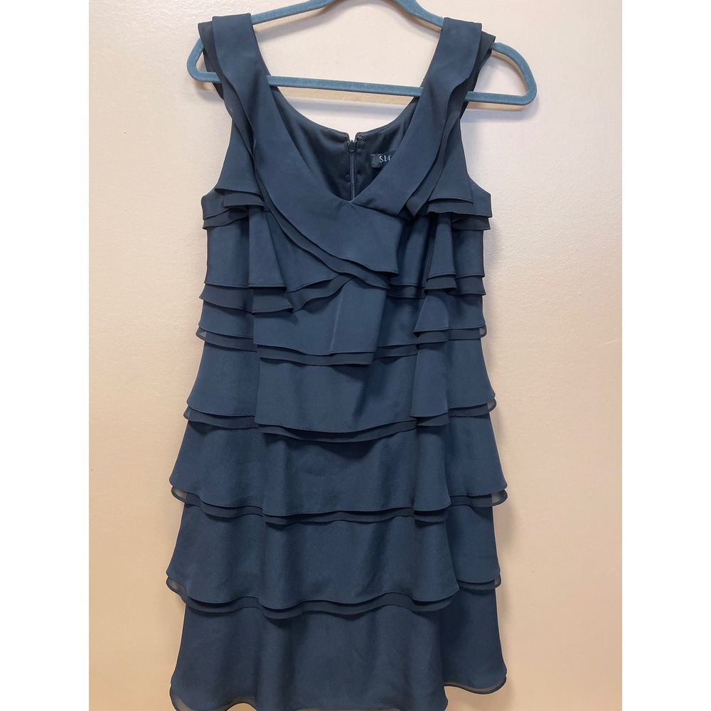SL Fashions Black Tiered Ruffle Sleeveless Cocktail Dress Petite 12P